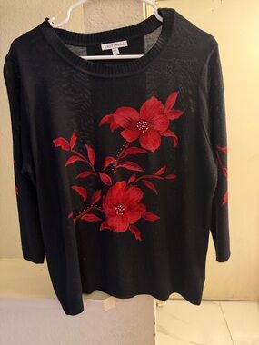 Emily Daniels Black Crewneck Sweater with Red Floral Motif